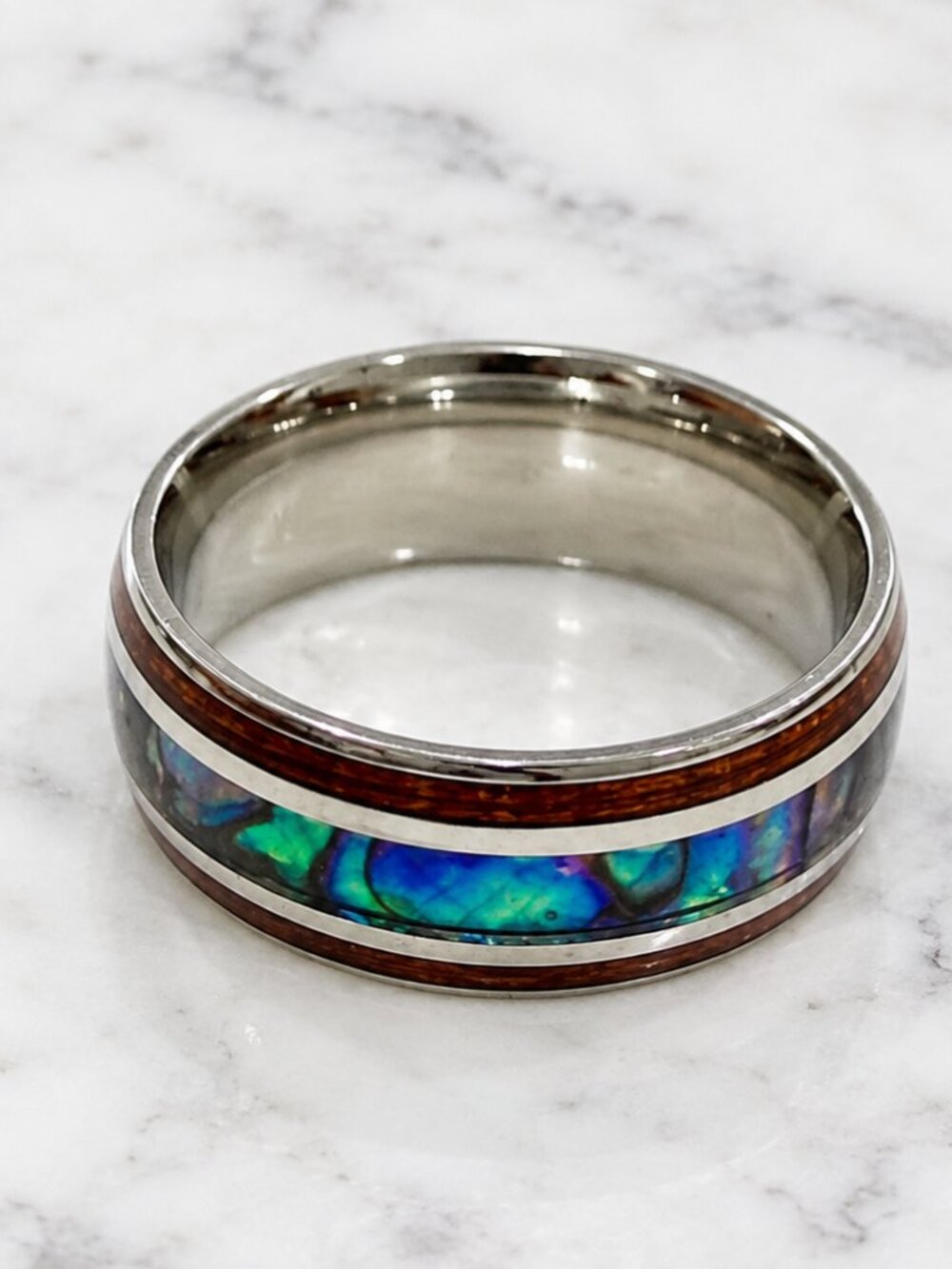 Koa Wood Abalone Shell Stainless Steel Ring – Unisex Size 8 or 10